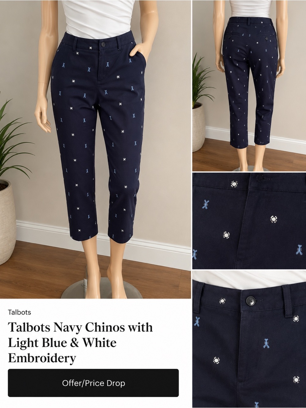 Talbots Navy Chinos with Light Blue & White Embroidery